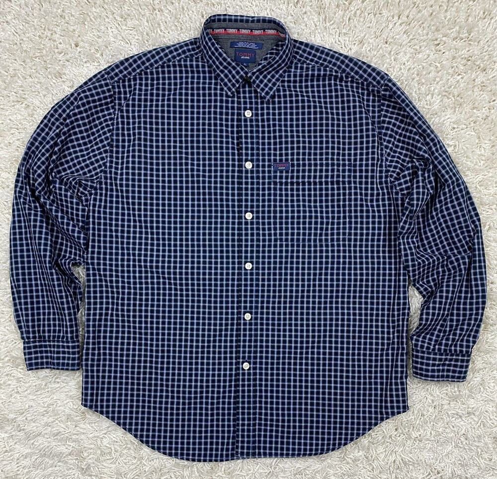 Vintage 1999 Tommy Jeans Plaid Flannel Button Up Shirt Mens L Navy Blue 90s